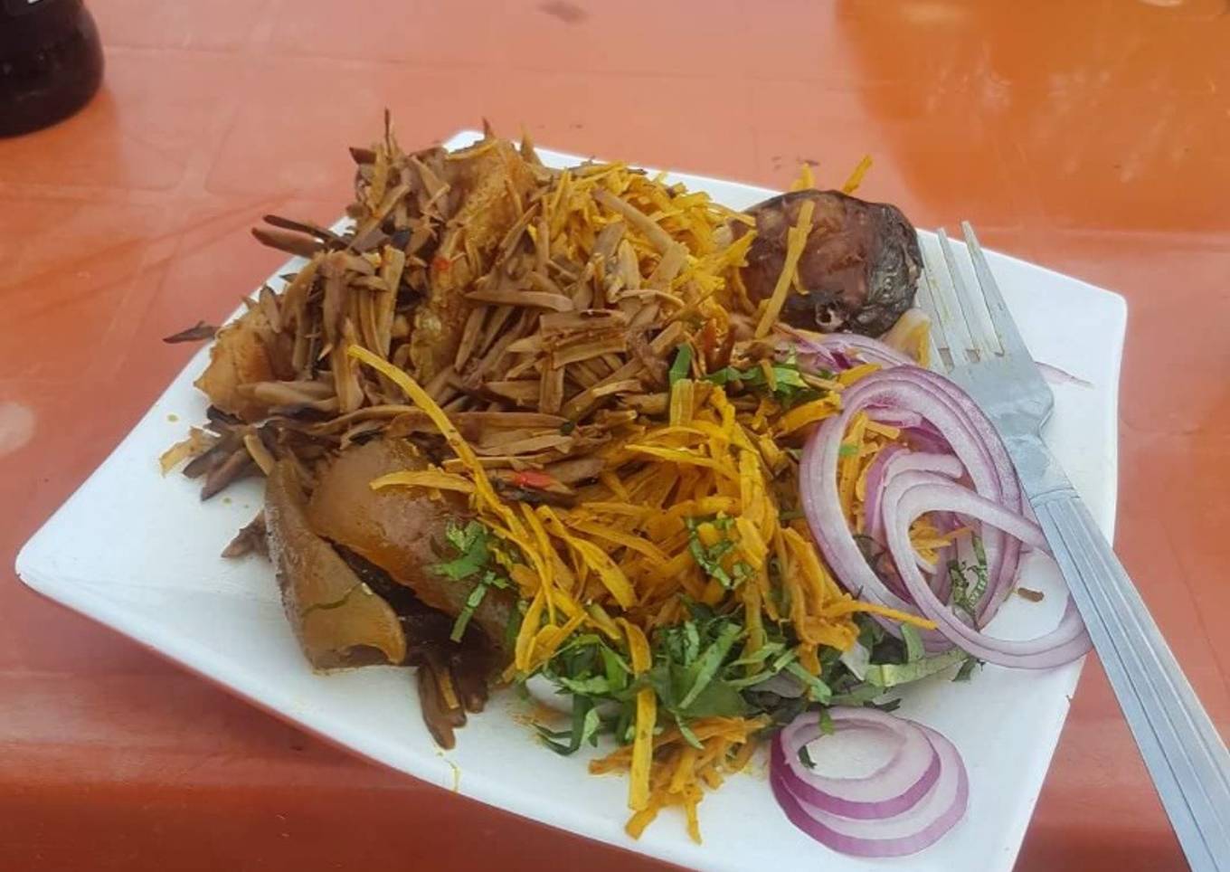 Abacha with ugba and pomo and fish
