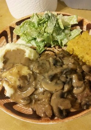 A picture of Cube Steak in Brown Mushroom Gravy.