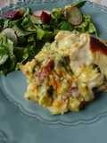 Bacalhau à antiga enriquecido com presunto e legumes