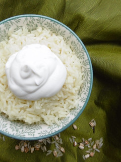A picture of Rice topped with Greek Yogurt.