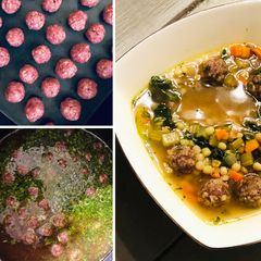 A picture of Italian Wedding Soup with Fullblood Wagyu Meatballs.