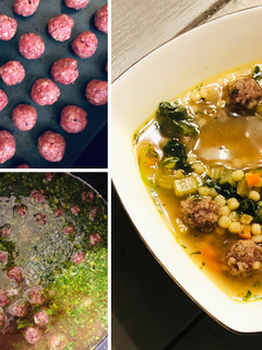 A picture of Italian Wedding Soup with Fullblood Wagyu Meatballs.