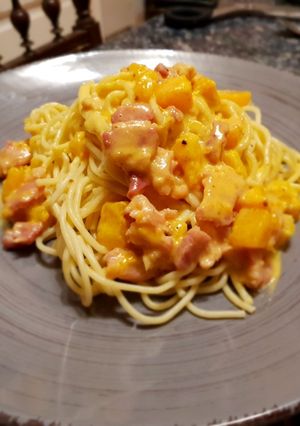 Une photo de Spaghetti au butternut et lard fumé