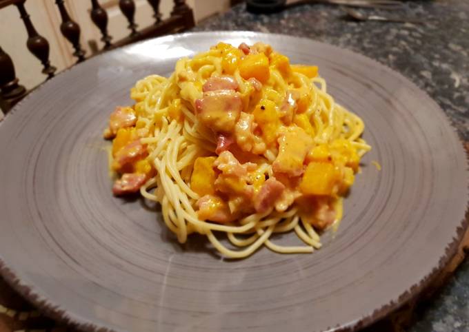 Spaghetti au butternut et lard fumé