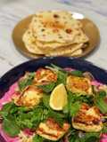 Eggplant with haloumi, beetroot, tzatziki and yogurt flatbreads