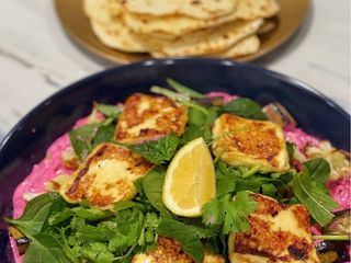 Eggplant with haloumi, beetroot, tzatziki and yogurt flatbreads