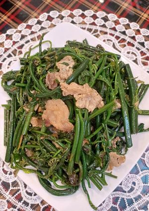 Hình của món Rau dớn xào tóp mỡ.