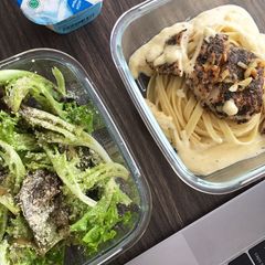 A picture of Chicken Basil Alfredo Pasta and Salad.