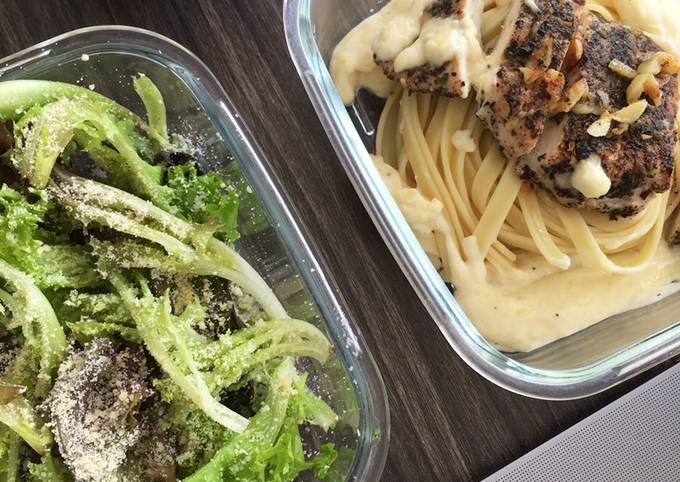 Chicken Basil Alfredo Pasta and Salad