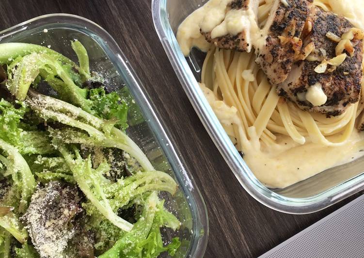 Chicken Basil Alfredo Pasta and Salad