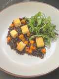 Smoked tofu with a puy lentils and warm chilli salad