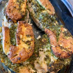 A picture of Chicken, Halloumi & homemade almond pesto bake (from my homegrown basil 🌿).
