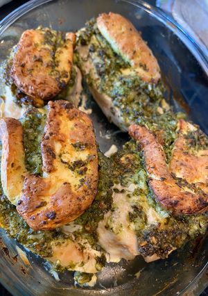 A picture of Chicken, Halloumi & homemade almond pesto bake (from my homegrown basil 🌿).