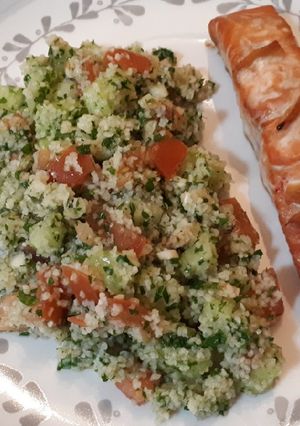 A picture of Tabbouleh with Teriyaki Salmon.