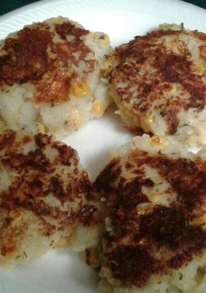 A picture of Pan fried corn potato cakes.