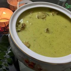 Fresh Green Chickpeas Kadhi with Moong Daal Pakodi A picture of Fresh Green Chickpeas Kadhi with Moong Daal Pakodi.
