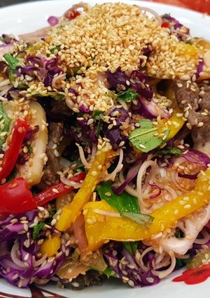Hình của món Gỏi bò nướng cà pháo.