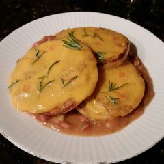 A picture of Brad's pickled ham & bean soup w/ cheesey English muffins.