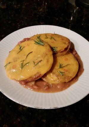 A picture of Brad's pickled ham & bean soup w/ cheesey English muffins.