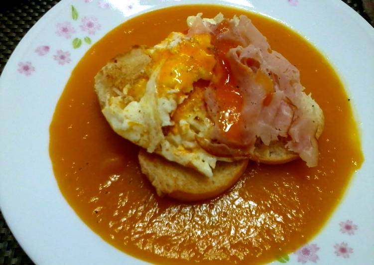 Fried Egg And Ham On Pumpkin Soup