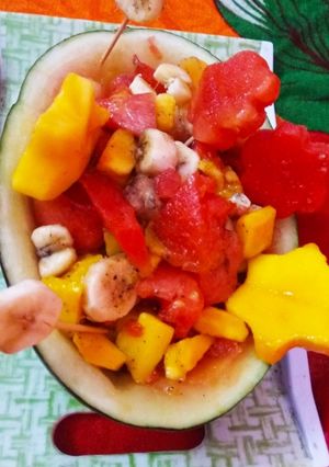 A picture of Fruit Salad In Watermelon Bowl.