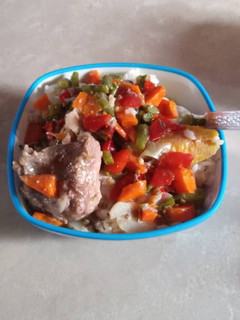 A picture of Rice with chicken sauce.