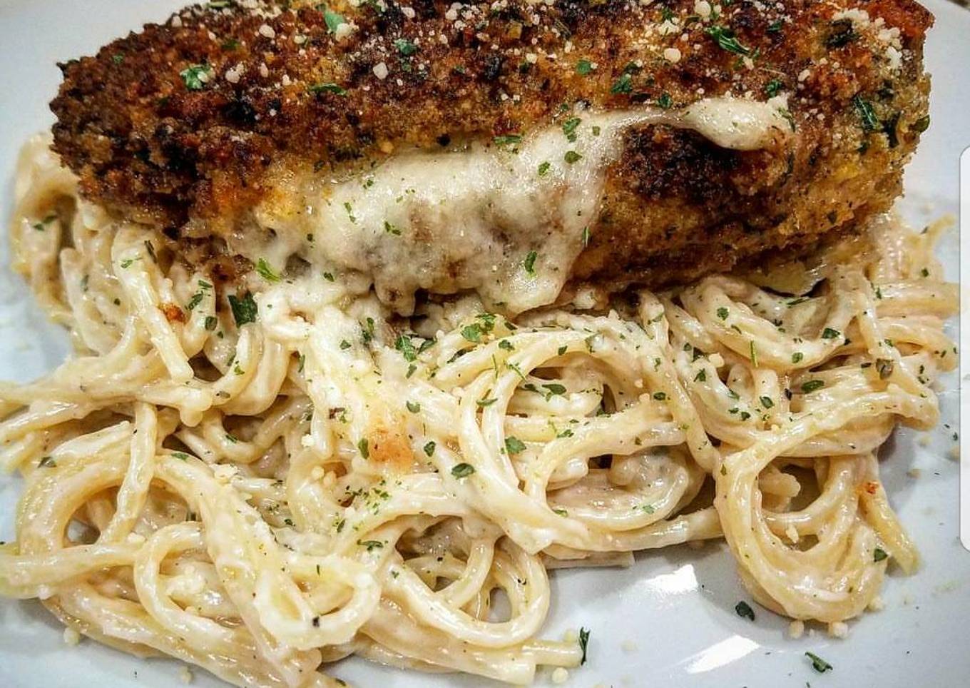 Mozzarella Stuffed Chicken with Spaghetti in Cream Sauce