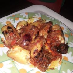 A picture of Home made roasted bole with local sauce.