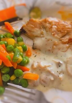 A picture of Grilled chicken with mushroom sauce and stir fry veggies.
