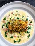 Herb-Crusted Hake with Light Lemon Basil Cream Sauce