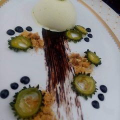 Bittergourd Ice Cream with Chocolate Sauce and Crumble A picture of Bittergourd Ice Cream with Chocolate Sauce and Crumble.