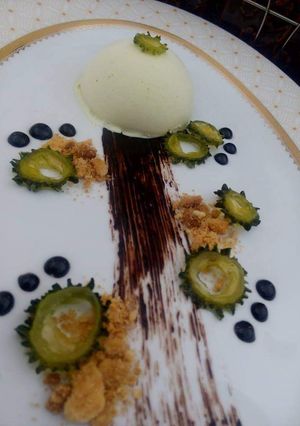 A picture of Bittergourd Ice Cream with Chocolate Sauce and Crumble.