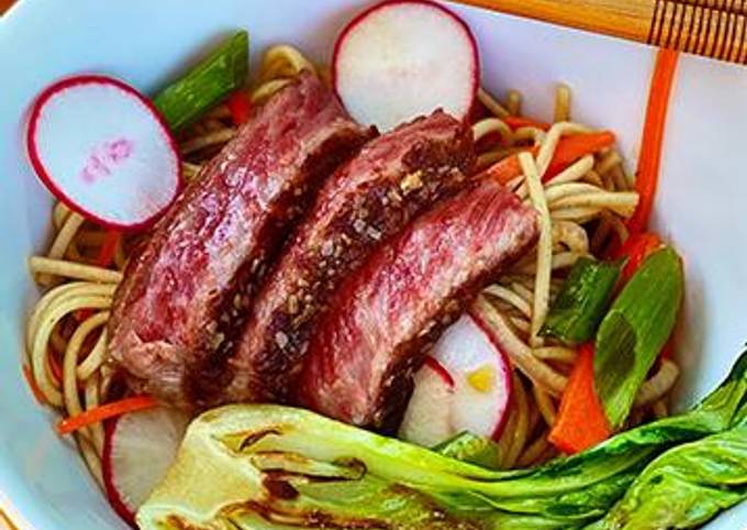 Steps to Prepare Delicious Ginger-Sesame Soba Noodle Salad with Seared Wagyu Steak