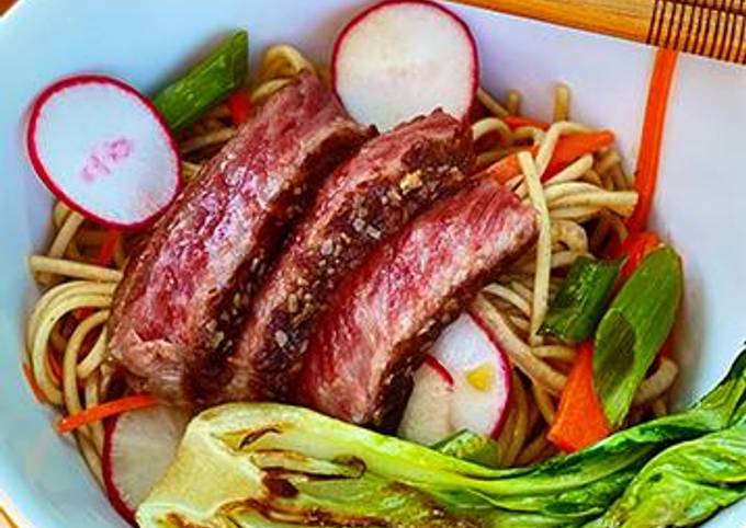 Steps to Make Favorite Ginger-Sesame Soba Noodle Salad with Seared Wagyu Steak