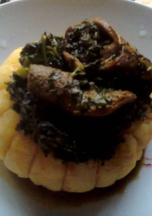 A picture of Eba and Vegetable Soup.