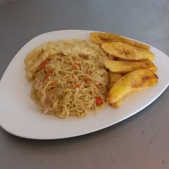 A picture of Simple Noodles, Fried Plantain and Omelet.