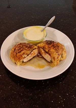 A picture of Stuffed Chicken Breasts with Cheese, Poblano Peppers and Pastram.