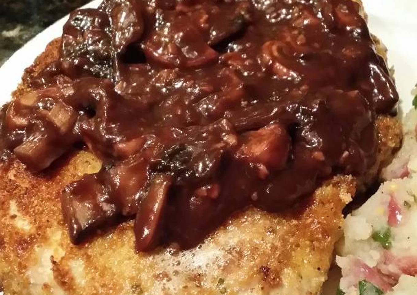 Brad's schnitzel with red wine and mushroom gravy