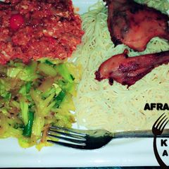 A picture of White spaghetti, egg stew,steamed cabbage and fried chicken.