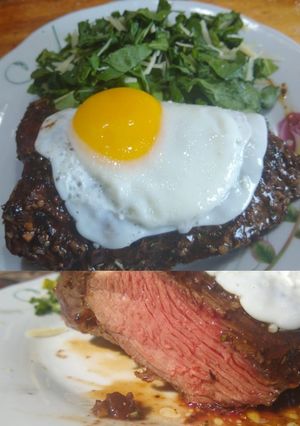 Una foto de Chingolo en barbacoa a caballo, ensalada de rúcula y parmesano
