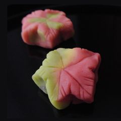A picture of Nerikiri Wagashi: "Momiji" (Red Maple leaves).