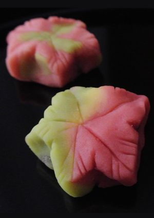 A picture of Nerikiri Wagashi: "Momiji" (Red Maple leaves).