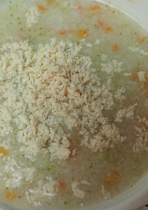 Hình của món Ăn dặm: Cháo thịt gà mix cà rốt, súp lơ xanh.