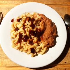 A picture of Mashed Sweet n sour beans. Served with elbow macoroni.