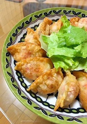 A picture of Fried Gyoza with Hanpen, Sakura Shrimp, and Cheese.