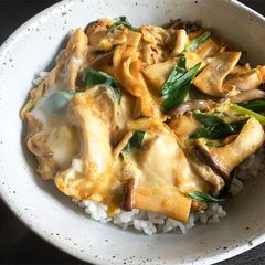A picture of Asian Mushrooms & Egg Rice Bowl.