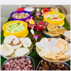 A picture of Samak Rice Pullav,Aloo-Samak Rice tikki,Sabudana-Khichdi,Falahari Aloo,sugar coated Almonds,Papads.