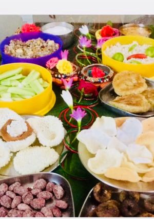 A picture of Samak Rice Pullav,Aloo-Samak Rice tikki,Sabudana-Khichdi,Falahari Aloo,sugar coated Almonds,Papads.