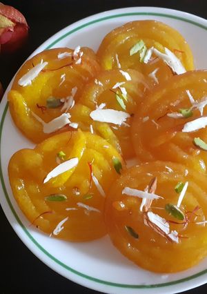 A picture of Ras Bahri Mango Jalebi.