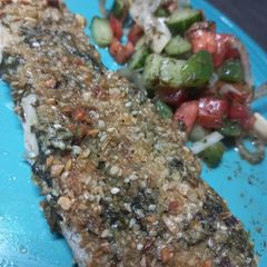 A picture of Hake with Basil and Dukkah crust.